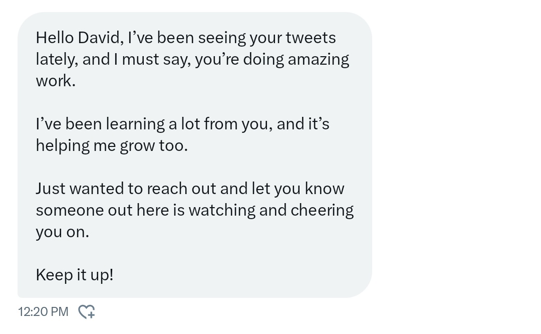 david_jegbe's tweet image. Someone texted me yesterday saying my posts helped them grow.

And I won&apos;t lie, it hit me different.

I’m still figuring things out.
I’m still learning.
But seeing stuff like that reminds me that my effort is not wasted.

People are watching you even when you think nobody cares.