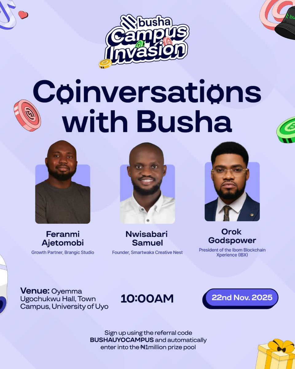 ruthyemie's tweet image. SOMETHING DIFFERENT AND UNIQUE IS COMING TO CAMPUS.

Coinversations with @getBusha is bringing clarity and opportunities to the students of UNIUYO.

Curious about crypto? Building your career path? or just want to understand the space better? 

This event puts it all on the table