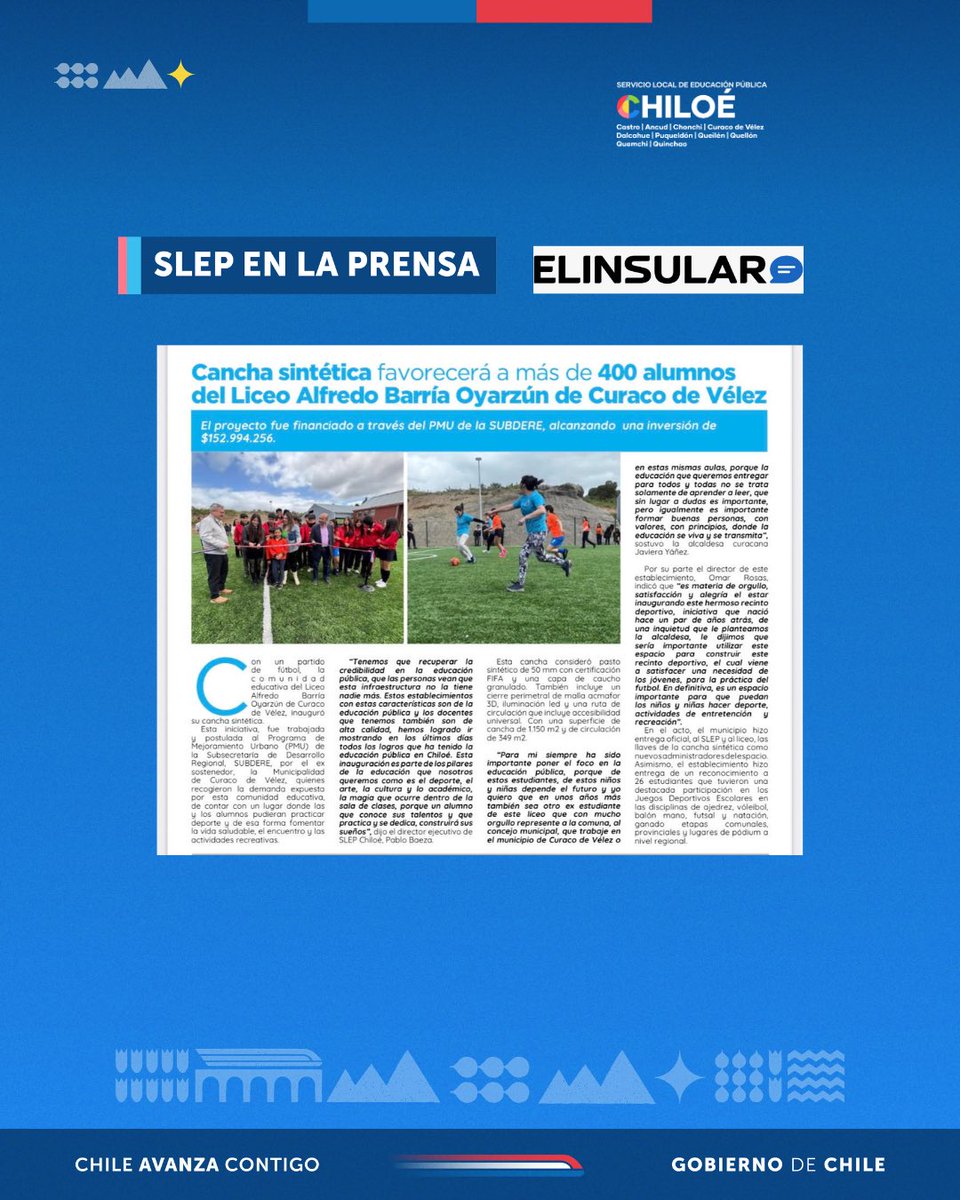 🗞️ Prensa: Nueva cancha sintética del Liceo Alfredo Barría Oyarzun de Curaco de Vélez

Esta iniciativa, fue trabajada y postulada al Programa de Mejoramiento Urbano (PMU) de la Subsecretaría de Desarrollo Regional, SUBDERE.