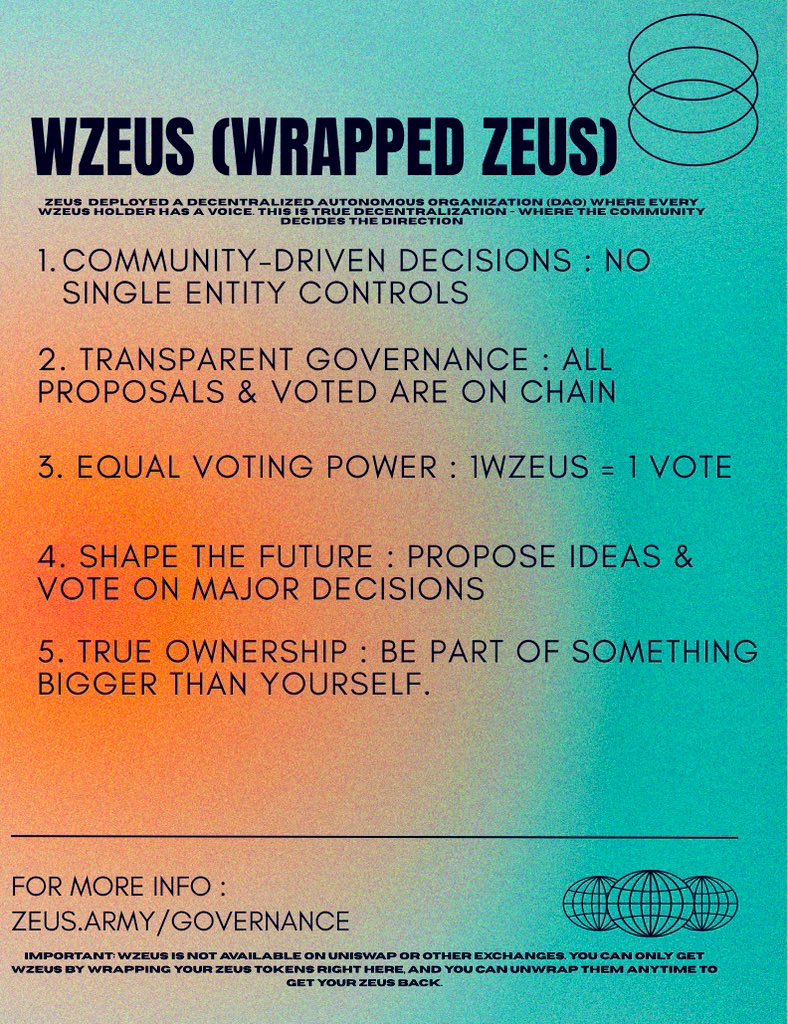 pepeguyy's tweet image. 🚀 $ZEUS is powered by #DAO! 

Wrapped Zeus (wZEUS) gives you a voice in the future of the project.

• ✅ 1 wZEUS = 1 Vote

• ✅ All decisions are on-chain.

• ✅ Community-Driven Governance.

Find out more: zeus.army/governance

Follow : @cc8cto  

 #CryptoGovernance #cc8