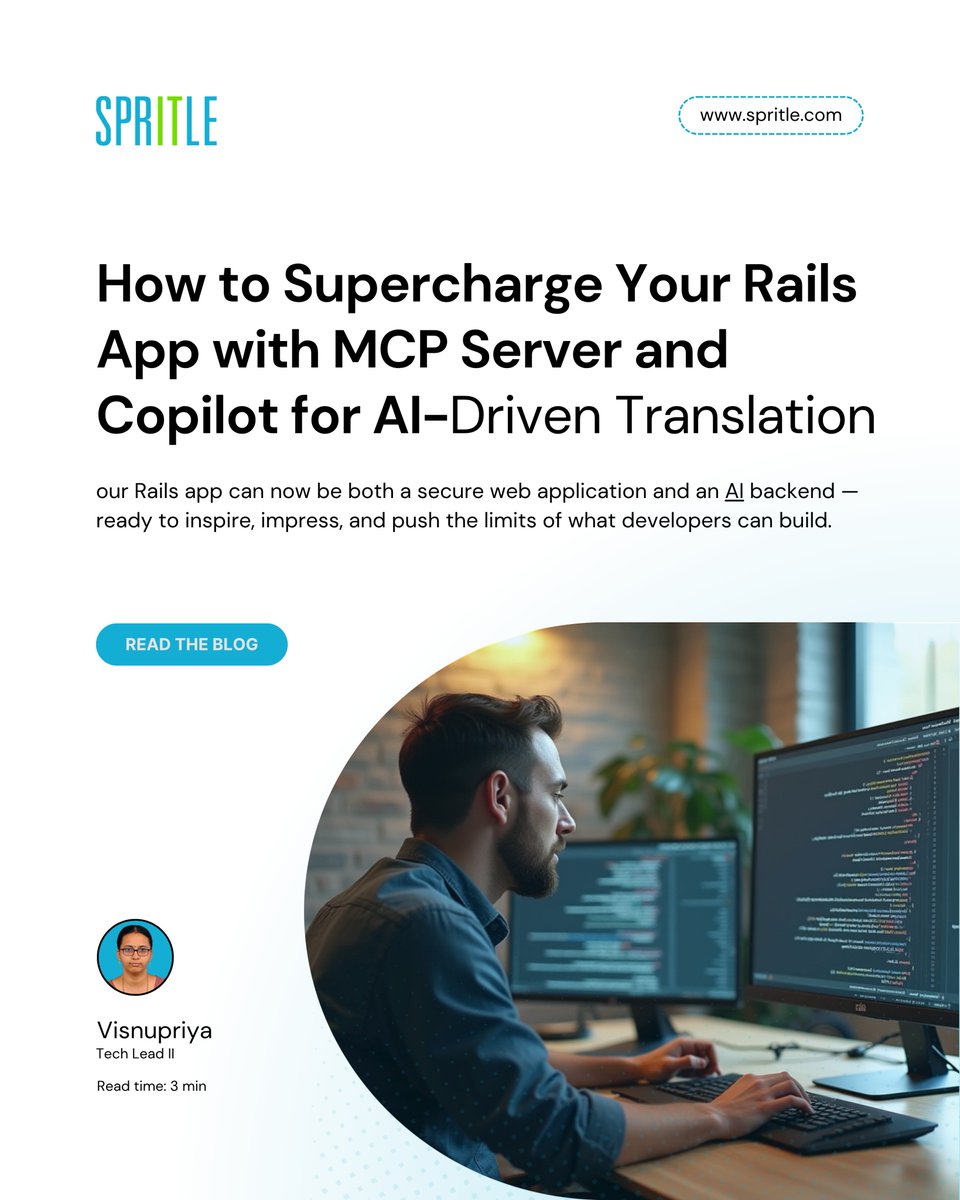 spritlesoftware's tweet image. 🚀 Rails is now AI-ready — thanks to MCP + GitHub Copilot.

🔗 Read more: spritle.com/blog/how-to-su…

#RubyOnRails #MCP #GitHubCopilot #AIDevelopment #RailsInnovation #SpritleSoftware