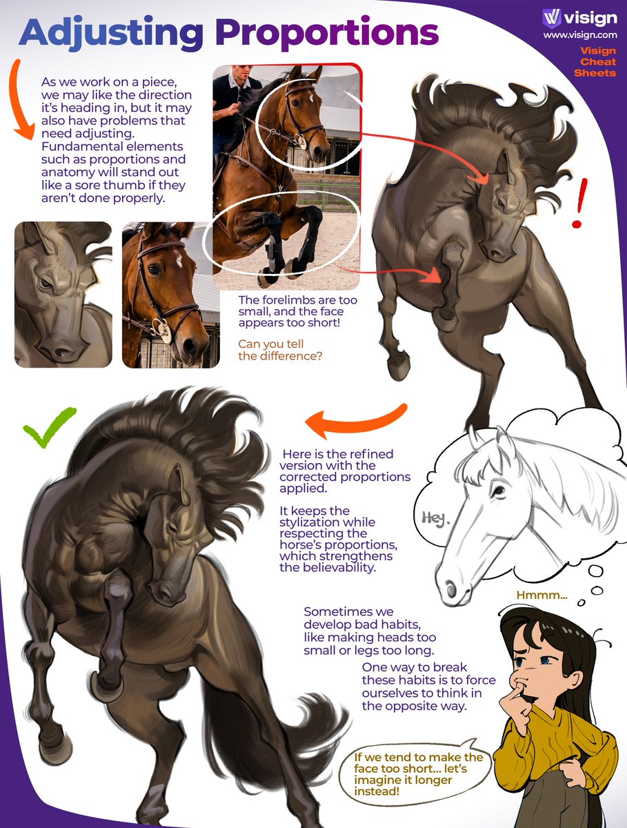 visignacademy's tweet image. Wrong proportions – and boom, realism feels off! Here’s how to check and adjust them, plus a quick trick to fix repeating issues.
What do you struggle with most often?
#visigncheatsheet #horsedrawing #drawingtips #artstudy #proportions