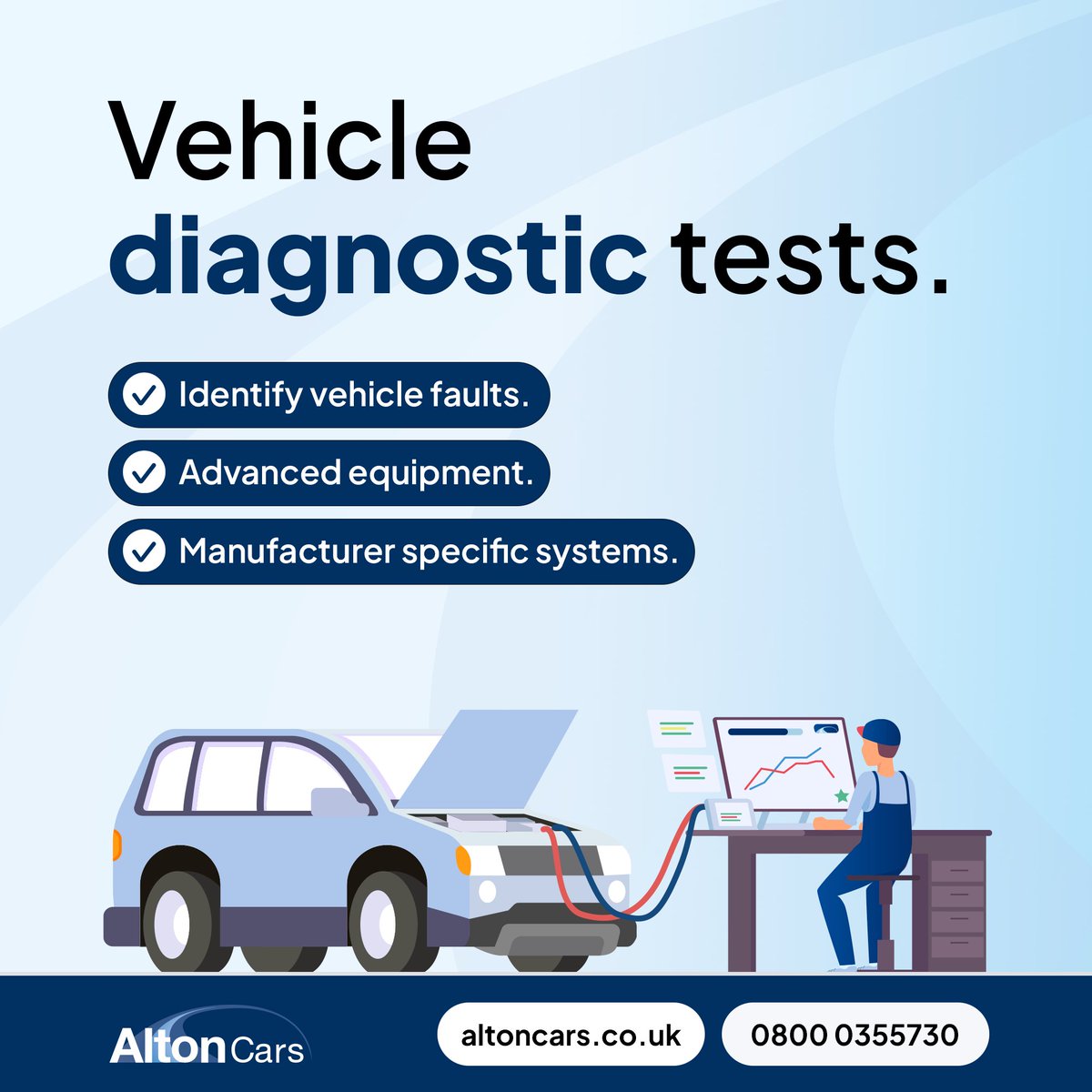 🚘 Worried about a warning light on your dash? 💡Don't stress!  A diagnostic test can help! 

Learn more 🌐 altoncars.co.uk/services/diagn… or call 📞 0800 0355730. 

#AltonCars #DiagnosticTests #CarMaintenance
