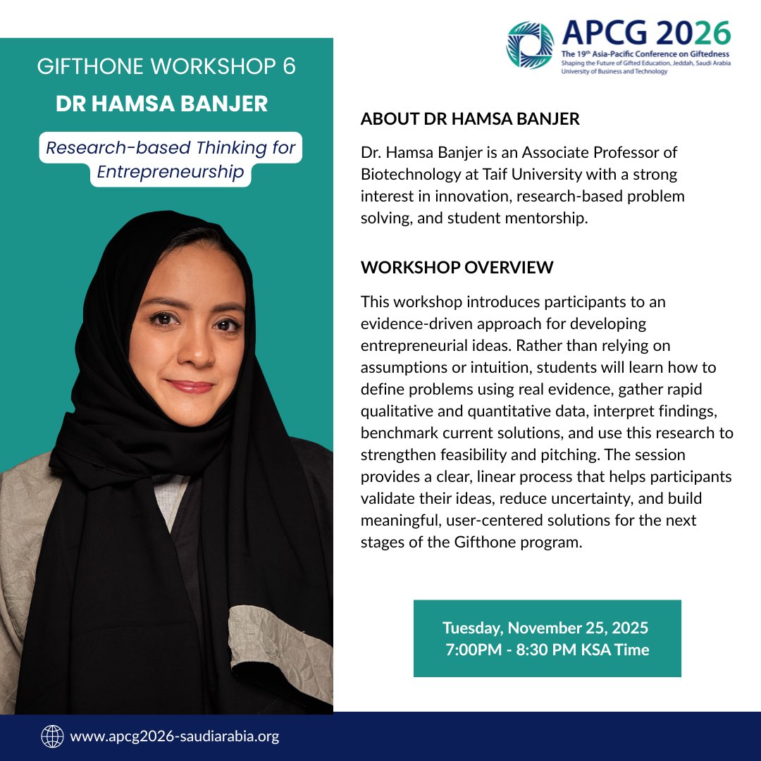 Join me at the Research-based Thinking for Entrepreneurship Workshop on November 25, 2025.

A part of the Gifthone program leading into the #APCG2026 – The 19th Asia-Pacific Conference on Giftedness, hosted <a href="/UBT_EDU/">جامعة الأعمال والتكنولوجيا UBT</a> 
Looking forward to helping shape young innovators’ future.