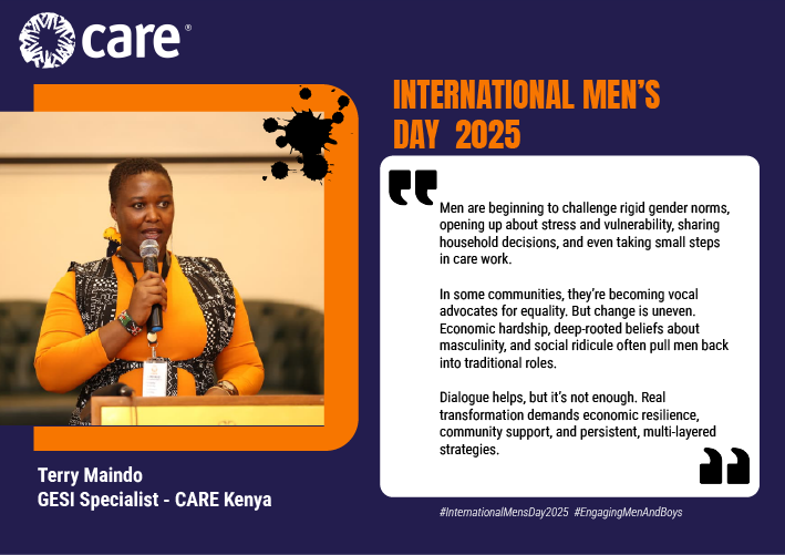 CAREinKenya's tweet photo. #InternationalMensDay, @CAREinKenya celebrates the courage of men who are opening up about stress, shame, and the pressure to provide. Through our Social Analysis and Action (SAA) and Engaging Men and Boys initiatives, we’re seeing powerful shifts: shared decision-making at home, small but meaningful contributions to care work, and bold voices advocating for equal rights for men and boys in their communities.

But we also recognize the challenges, economic pressures, deep-rooted beliefs, and social sanctions that make change difficult. That’s why we’re committed to pairing dialogue with economic resilience and community-level support.

Progress is happening. The journey continues.
#InternationalMensDay2025 #CareKenya #EngagingMenAndBoys