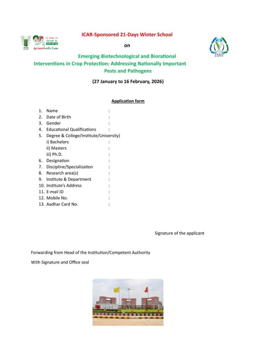 🌾 Winter School – 2026 ❄️
Emerging Biotechnological and Biorational Interventions in Crop Protection: Addressing Nationally Important Pests and Pathogens
 27 January – 16 February, 2026
ICAR-NIBSM,Raipur
For more Information please open the facebook link:
facebook.com/share/p/17iESu…