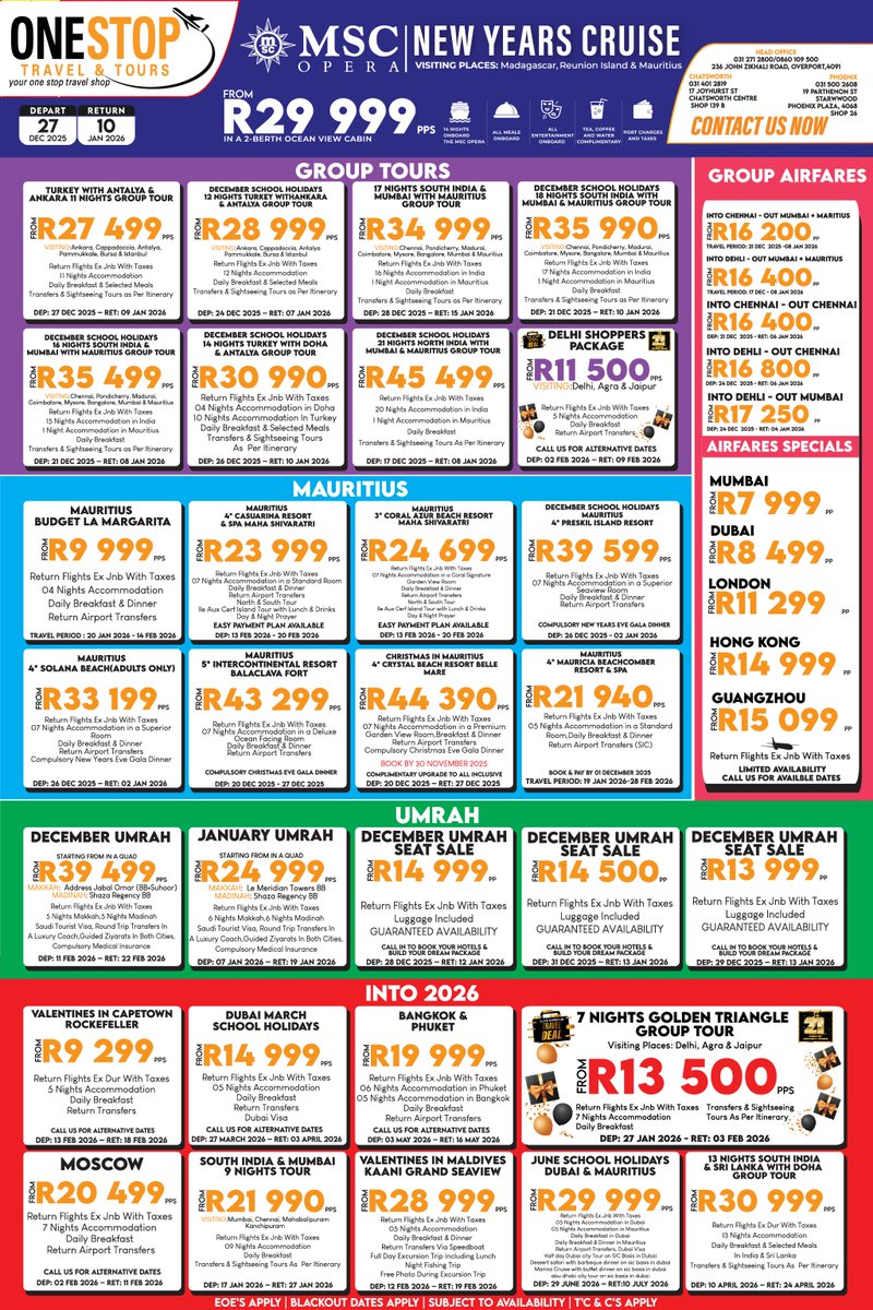 PostKZN's tweet image. Sponsored |  @OnestoptravelT  - Your Gateway to the World. Journey through the vibrant cultures and breathtaking landscapes
onestoptours.co.za
#OneStopTravel #Travel #Packages #Paradise #Explore #Nature #Holidays #Cruise