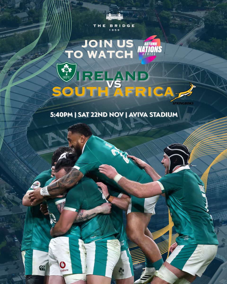 TheBridge1859's tweet image. Join us for Ireland vs South Africa | Saturday 22nd Nov | 5:40pm | Aviva Stadium
Visit us before, during and after the match 🏉