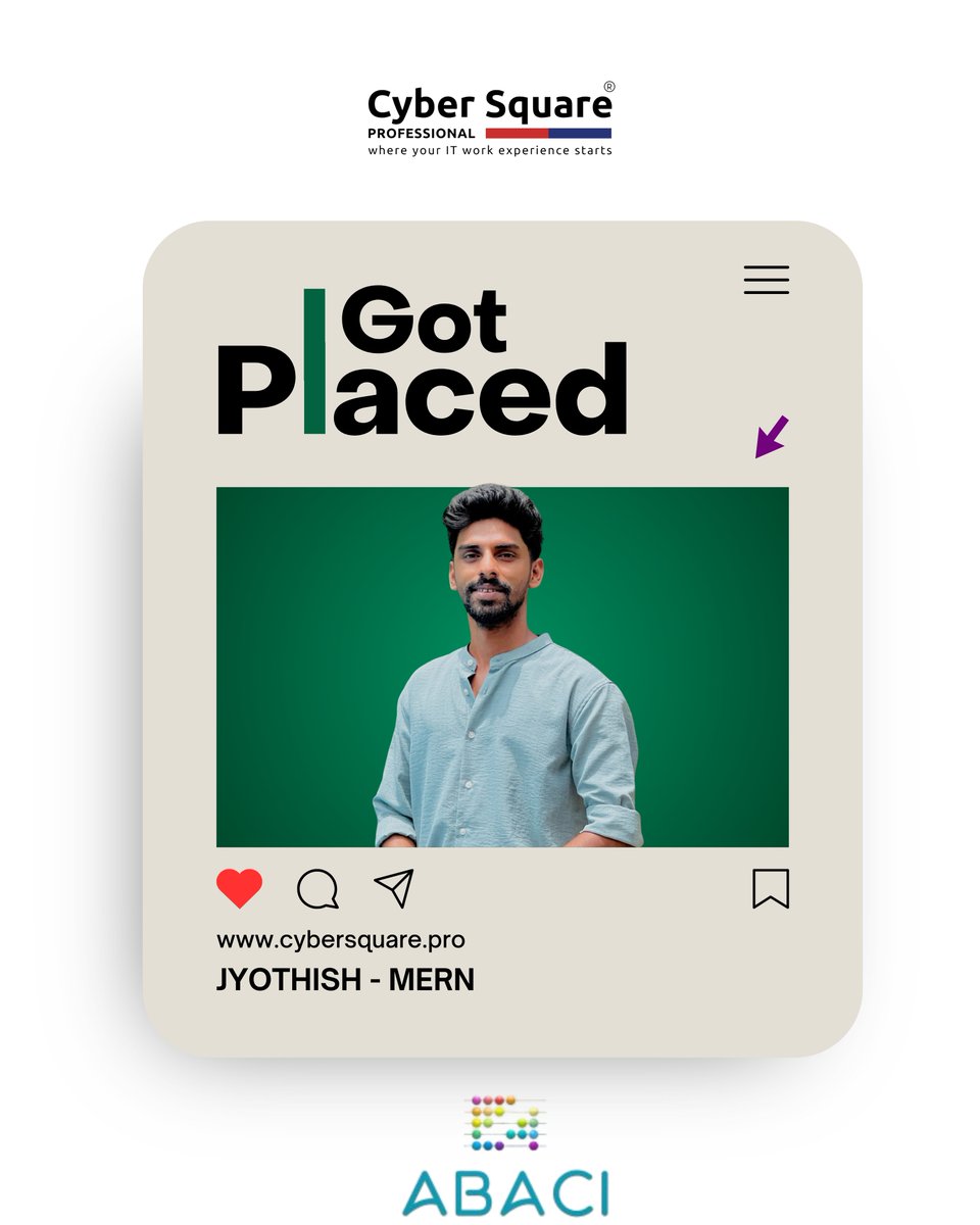 CyberSquarePro's tweet image. Excited to share another success story! Congratulations to JYOTHISH , who has successfully secured an outstanding placement as a Mern
Developer after completing our internship program through Cyber Square Professional.

#CyberSquare #edtech #coding #placed #placement