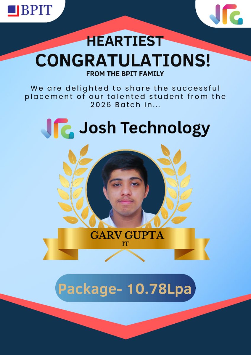 BpitIndia's tweet photo. Congratulations to Garv Gupta! 🎉 We’re thrilled to share that Garv, one of our IT graduates from the class of 2026, has secured a position at #Josh_Technology with a fantastic #package of  10.78 LPA. His hard work, dedication, and relentless effort have truly paid off. https://t.co/r4jtE1sTwY