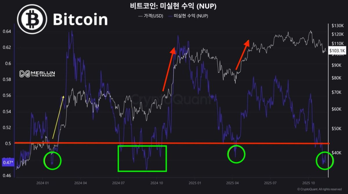 MerlijnTrader's tweet image. HISTORY IS WHISPERING: BITCOIN IS NEAR A BOTTOM.

NUP just hit 0.47
The exact level that triggered 3 violent reversals in the past.

This is where fear peaks…
And Bitcoin begins its next move.

Same setup. Same opportunity.
This signal rarely misses.
