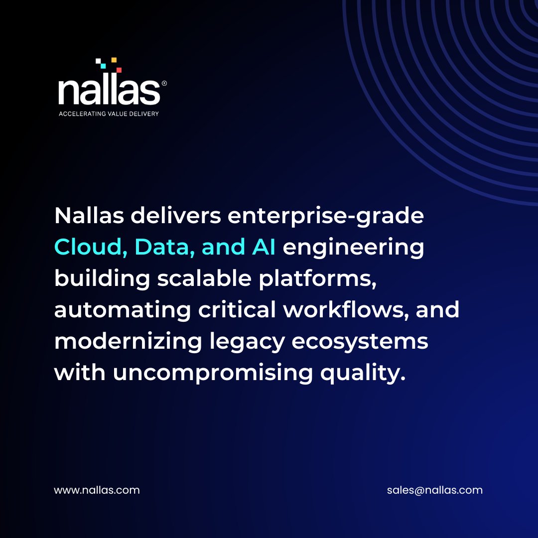 NallasCorp's tweet image. Transforming enterprises through Cloud, Data, and AI engineering.

From scalable architecture to intelligent automation, we power growth.

Quality, reliability, and innovation engineered by Nallas.

#Nallas #DigitalEngineering #CloudEngineering #DataEngineering #AIEngineering