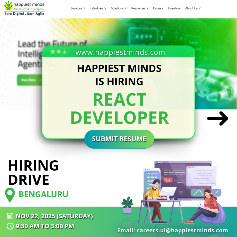 HappiestMinds's tweet image. #Hiring #ReactDeveloper at Happiest Minds Bengaluru!

Work on scalable web apps that deliver impactful user experiences.

Join us on 22nd November. 

Apply now → careers.ui@happiestminds.com

#Reactjs #React #TypeScript #JavaScript #TechJobs #BengaluruJobs