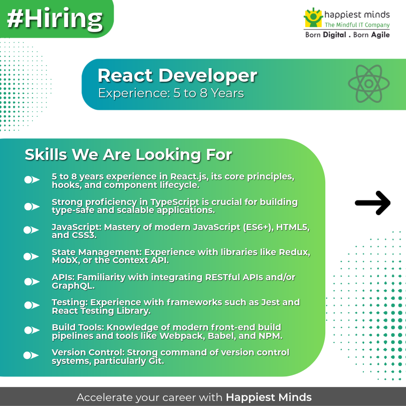 HappiestMinds's tweet image. #Hiring #ReactDeveloper at Happiest Minds Bengaluru!

Work on scalable web apps that deliver impactful user experiences.

Join us on 22nd November. 

Apply now → careers.ui@happiestminds.com

#Reactjs #React #TypeScript #JavaScript #TechJobs #BengaluruJobs