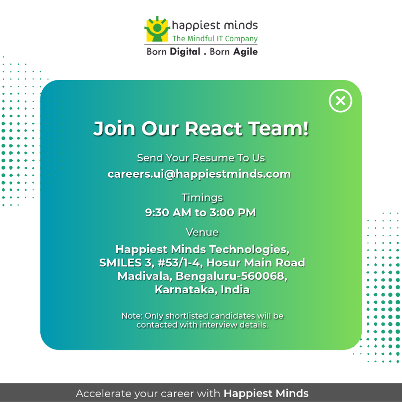HappiestMinds's tweet image. #Hiring #ReactDeveloper at Happiest Minds Bengaluru!

Work on scalable web apps that deliver impactful user experiences.

Join us on 22nd November. 

Apply now → careers.ui@happiestminds.com

#Reactjs #React #TypeScript #JavaScript #TechJobs #BengaluruJobs