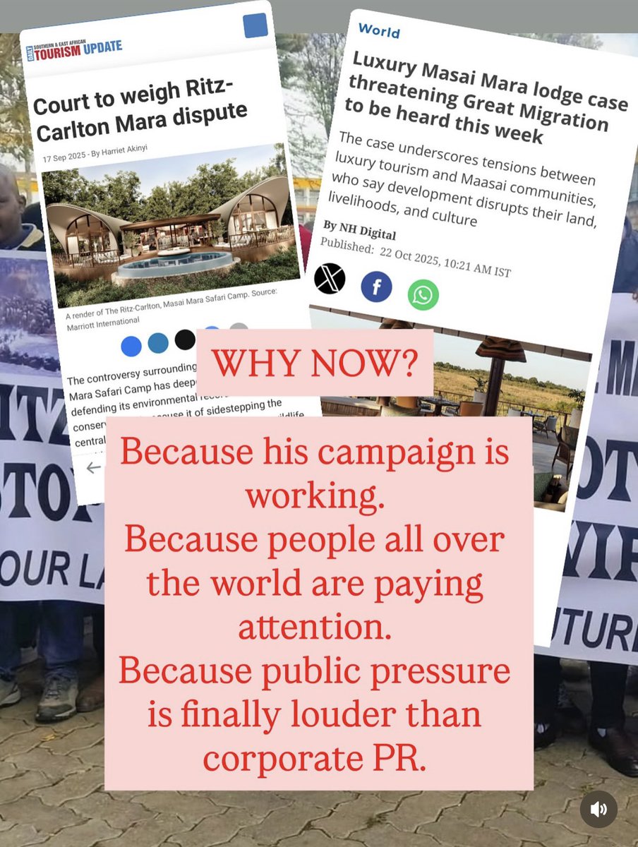 Nyandia_G's tweet image. A major development in the Maasai Mara case, and it’s deeply alarming.
The Maasai elder leading the fight to protect the Great Migration corridors has been legally gagged after Marriott’s lawyers pushed for a gag order.

Yes. Silenced in court. Why?
Because his campaign is…
