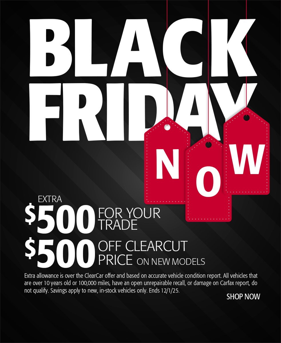 Black Friday just got bigger and better than ever. 🛍️

Enjoy an extra $500 off clearcut prices on new vehicles PLUS and additional $500 for your trade-in!

Shop in-store or online all month long. 🔗 in bio!

#1Cochran #BlackFriday #CarShopping #NewCars