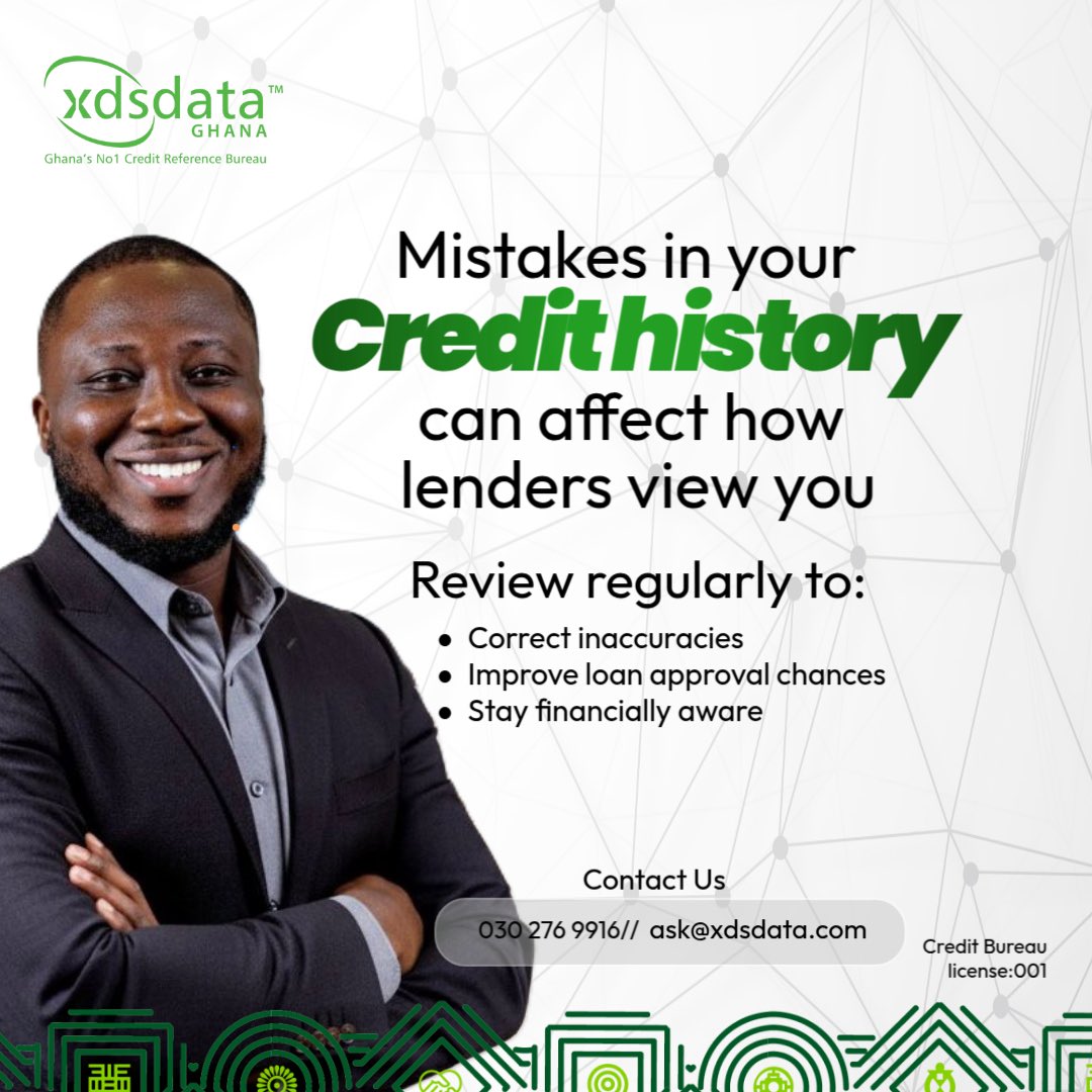 xdsdataGH's tweet image. Mistakes In Your Credit History Can Affect How Lenders View You

Review regularly to:
• Correct inaccuracies
• Improve loan approval
chances
• Stay financially aware

#FastService 
#CreditReport 
#XDSDataGhana