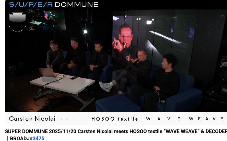 20yyy21's tweet photo. Carsten Nicolai 
#HOSOO 西陣織 細尾真孝さんは元PROGRESSIVE FOrM
#DOMMUNE https://t.co/C34tQE41lc