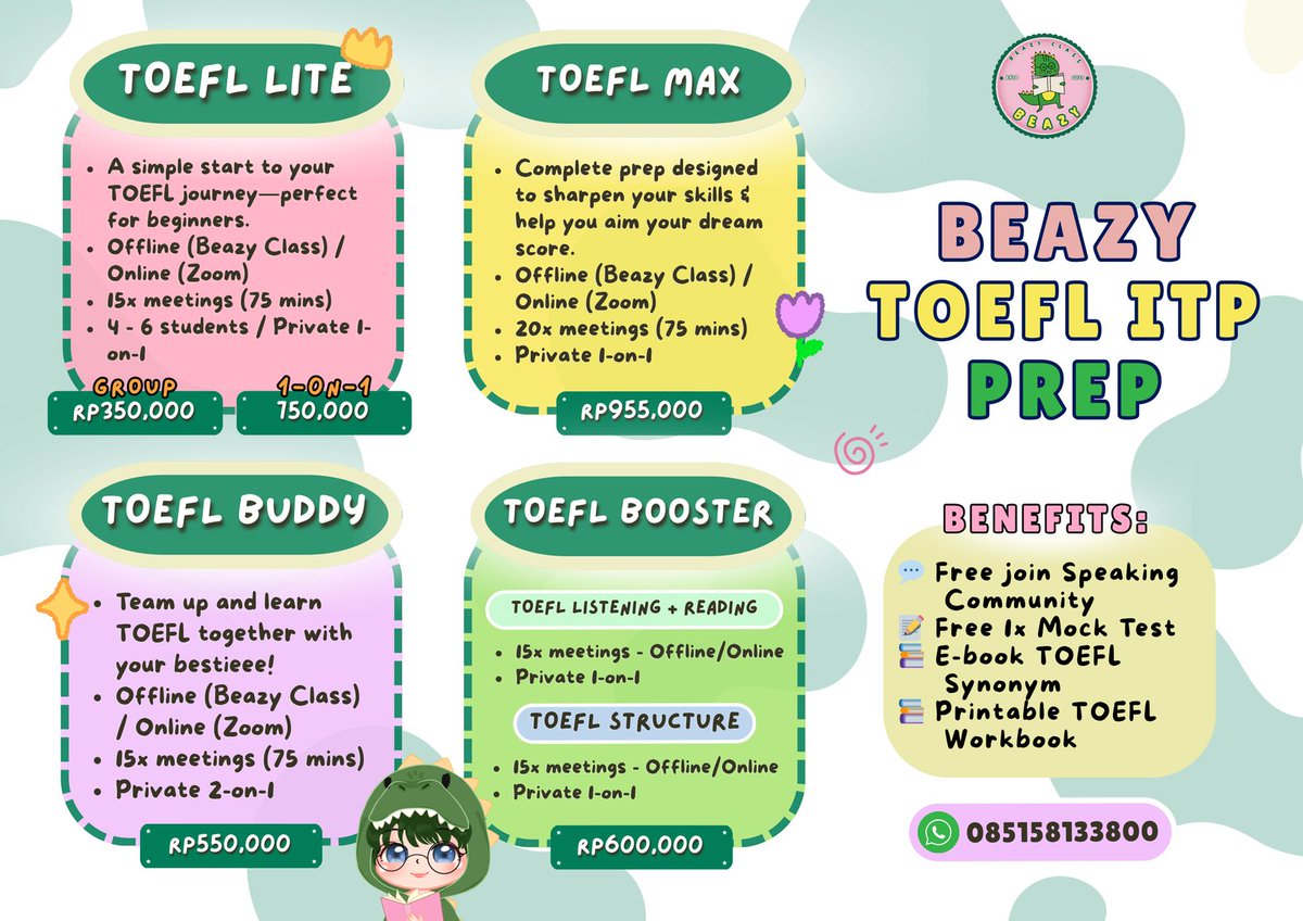 beazyclass's tweet image. ✨ hii guyss, BZ LAGI OPEN TOEFL CLASS. NIIHH 🥳  bingung mau belajar TOEFL dimanaa? Yuk ke @beazyclass ‼️

Bisa Group / Private, hingga booster skill spesifik. 🎯 🧠 Belajar seruuuu dan asik! #zonauang