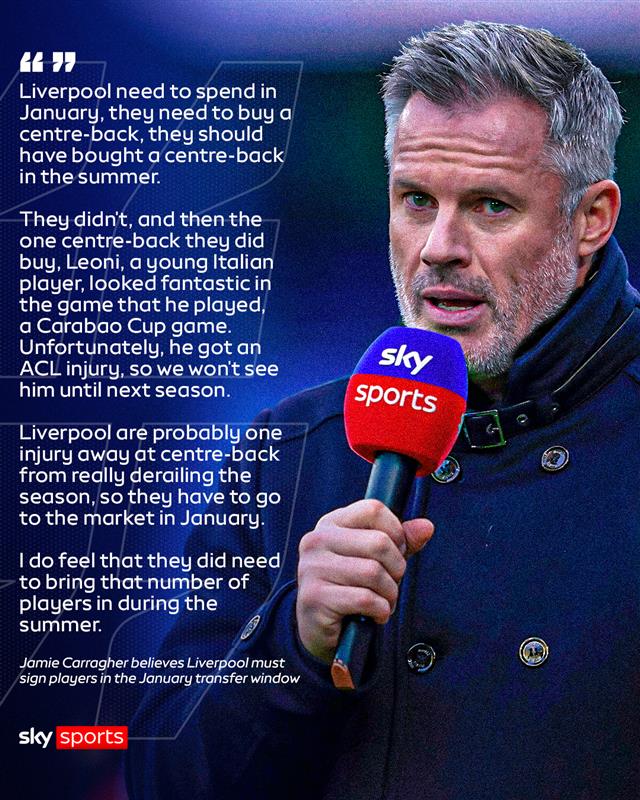 SkySportsPL's tweet image. Jamie Carragher says Liverpool must sign players in January 💰
