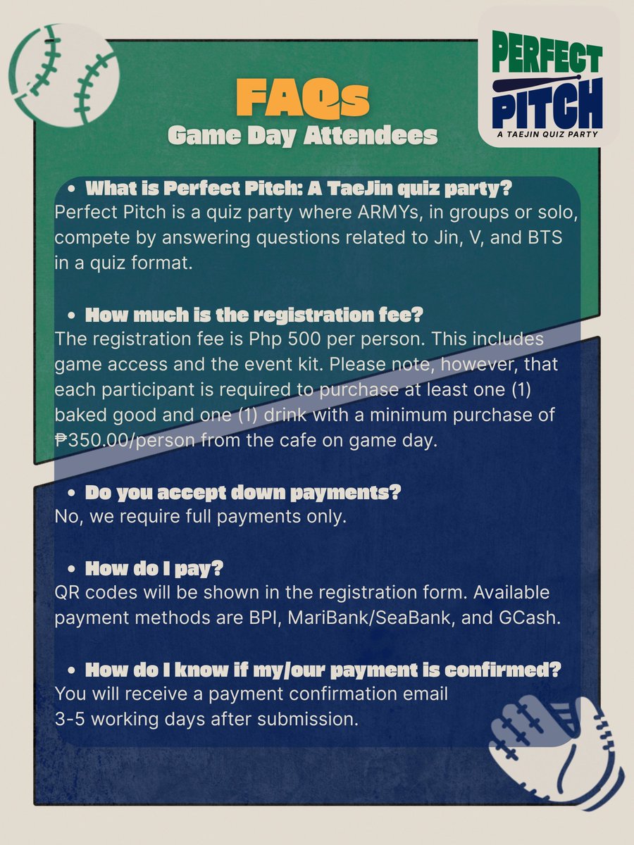 southernbts's tweet image. ⚾️ Perfect Pitch: A TaeJin Quiz Party ⚾️

📝 ₱500/person (make a team or go solo!)
📍 Nice Weather Mobile Cafe, Makati City
🗓️ 27 Dec 2025, 1-4PM

Register: bit.ly/m/perfectpitch…

See you there! 😉💜

For any questions, feel free to DM us! 📩

#PerfectPitch #TAEJIN #JIN #V