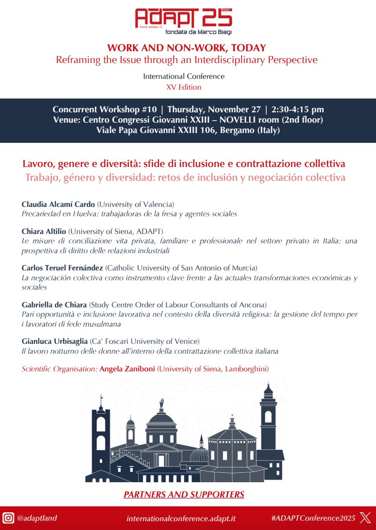 chialtilio's tweet image. #ADAPTConference2025 Giovedì 27 novembre, #Workshop10 &quot;#Lavoro, #genere e #diversità: sfide di #inclusione e #contrattazione collettiva&quot;, presenterò il progetto di ricerca che ho sviluppato nell&apos;ambito del dottorato @unisiena e @adaptland