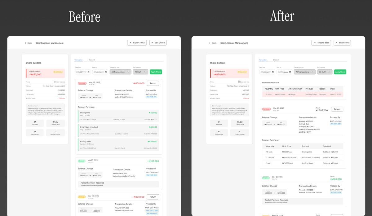 Raphealime's tweet image. Redesigned the client directory screen after new feedback.

Refined the layout, improved clarity, and focused on a cleaner user flow.

Always happy to iterate and make the product better.

#ProductDesign #UXDesign #UIDesign #UserExperience #ProductManagement #DesignProcess
