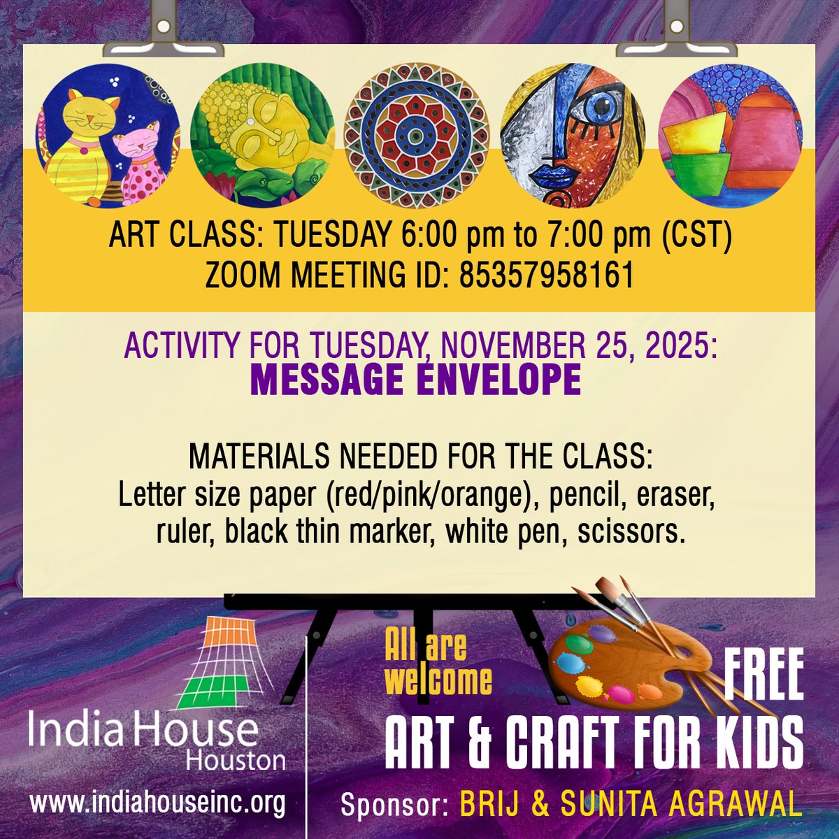 indiahouse's tweet image. Join Iour free online Art &amp;amp; Craft class on Tuesday, November 25, 2025 (6–7 pm CST) — this week’s activity: Message Envelope. Be ready with the required material.
Know more: indiahouseinc.org/art-classes-20…

#art #kids #onlineclass