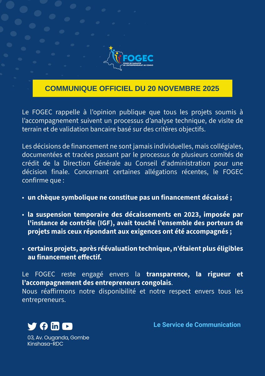 COMMUNIQUÉ DE RAPPEL SUR LES DÉCISIONS DE REJET ET LES CLARIFICATIONS FOURNIES AUX PORTEURS DE PROJETS DE LA TROISIÈME COHORTE

<a href="/Presidence_RDC/">Présidence RDC 🇨🇩</a> <a href="/PrimatureRDC/">Primature de la République Démocratique du Congo</a>  <a href="/LMunzemba/">Laurent Munzemba</a> <a href="/helene_gakuru/">Helene Gakuru</a> #FOGEC_PARTENAIREDECONFIANCE_DES_ENTREPRENEURSCONGOLAIS