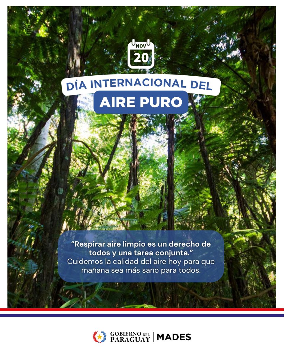 mambiente_py's tweet image. 20 de noviembre - Día Internacional del Aire Puro 

“Respirar aire limpio es un derecho de todos y una tarea conjunta.”

Cuidemos la calidad del aire hoy para que mañana sea más sano para todos.