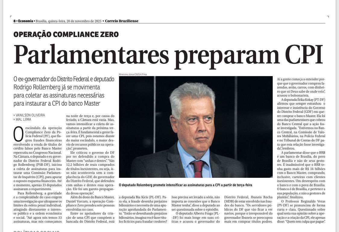 RollembergPSB's tweet image. CPI DO BANCO MASTER JÁ. 

A Operação Compliance Zero revelou fraudes bilionárias que atingem servidores e fundos públicos. 

Estamos coletando assinaturas para instaurar a CPI. 

Pressione seu parlamentar para apoiar essa investigação. 

O Brasil merece respostas.