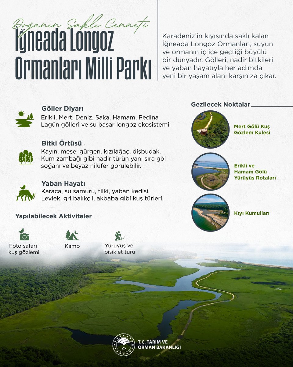 🗺️ Doğanın saklı cennetini keşfetmek isteyenlere benzersiz bir rota…

🌳🦢 Gölleri, nadir bitkileri ve zengin yaban hayatıyla Türkiye’nin en özel doğal miraslarından biri: 

📍 Kırklareli İğneada Longoz Ormanları Millî Parkı