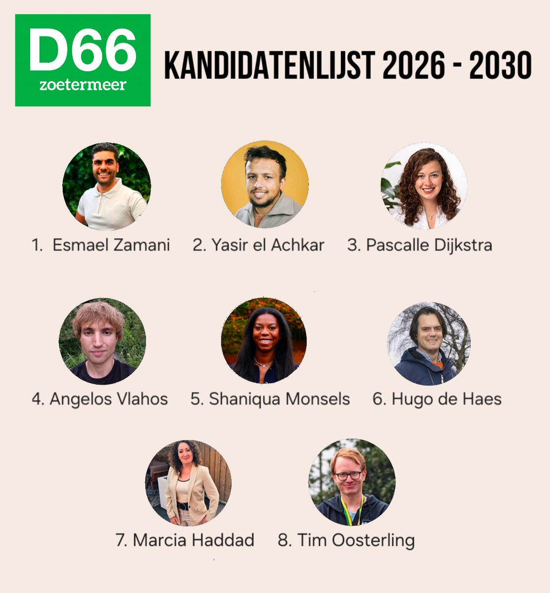 Met veel enthousiasme presenteren we vandaag de kandidatenlijst voor de gemeenteraadsverkiezingen van 18 maart 2026

de komende raadsperiode zet D66 zich in voor een vooruitstrevend, duurzaam en sociaal #Zoetermeer.

Voor de complete kandidatenlijst, zie: 
d66.nl/zoetermeer/nie…