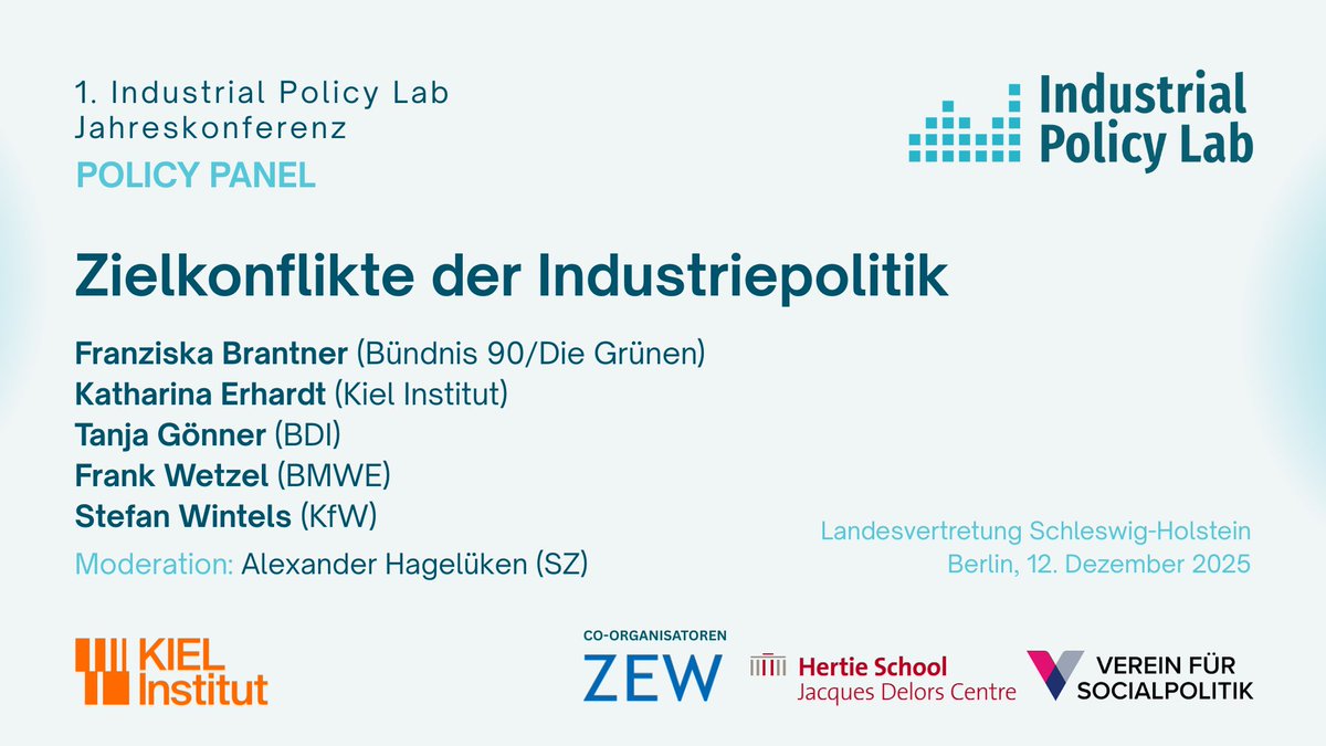 kielinstitute's tweet photo. Wo kollidieren Ziele moderner Industriepolitik – und wie lösen wir diese Konflikte? Darüber diskutieren Frank Wetzel, @fbrantner, Tanja Gönner, Stefan B. Wintels & @Kathi_Erhardt moderiert von @Hagelueken auf der #IndustrialPolicyLab-Jahreskonferenz 👉 https://t.co/VVwcSzdafh 

@ZEW @VfS_econ @MSchularick @AchimWambach @niredeker @HannaHottenrott @Der_BDI @KfW @BMWE_