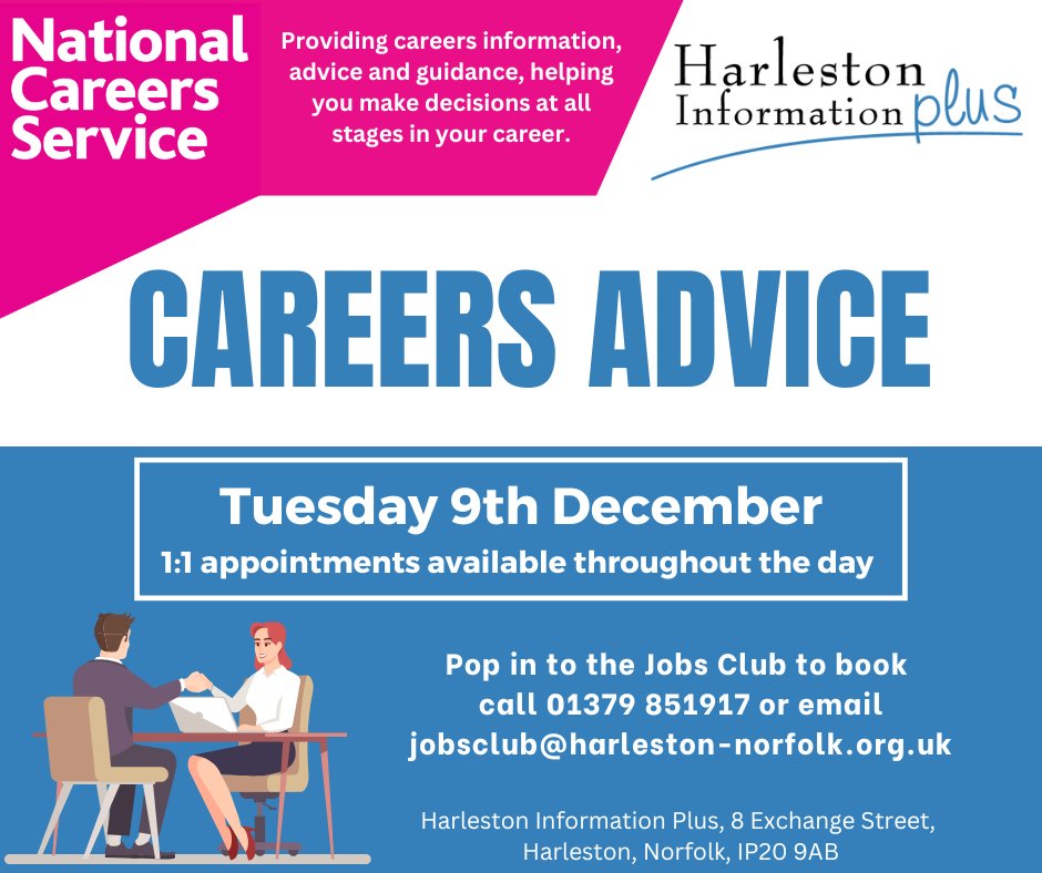A Careers Adviser will be visiting HIP on Tuesday 9th December, offering free expert advice.
Whether you’re choosing your education route, planning a career change, or looking for the right job, The National Careers Service is here to help.
Call or email to book.