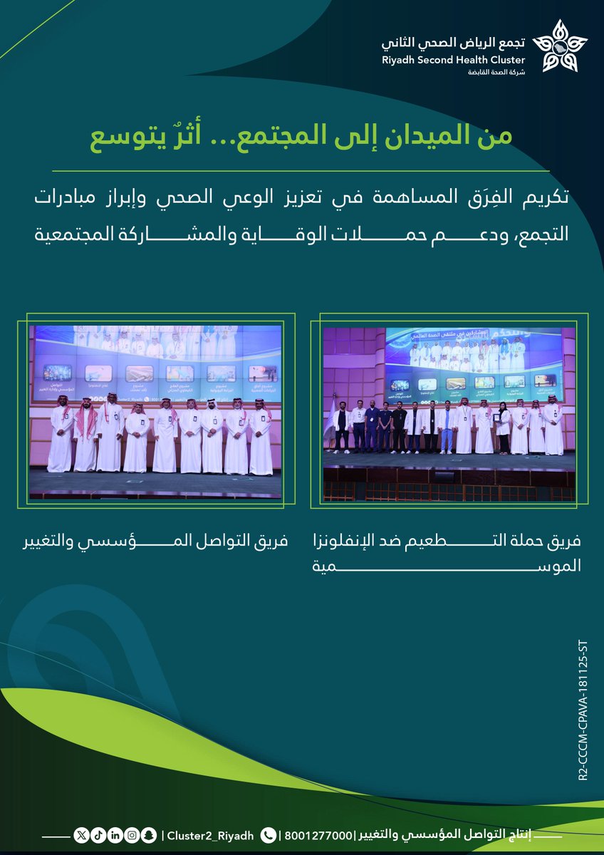 تكريم فرق فعّالة دعمت الوعي الصحي ووسّعت أثر الحملات التوعوية عبر جهود ميدانية واتصالية مؤثرة

#نفخر_بكم
#تجمع_الرياض_الصحي_الثاني