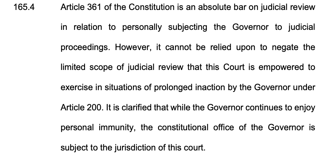 LawChakra's tweet image. Article 361 immunity
 
Governor enjoys personal immunity, but the office is not immune from judicial scrutiny. Courts can review validity of actions, not summon the Governor.
#SupremeCourt #PresidentialReference @rashtrapatibhvn