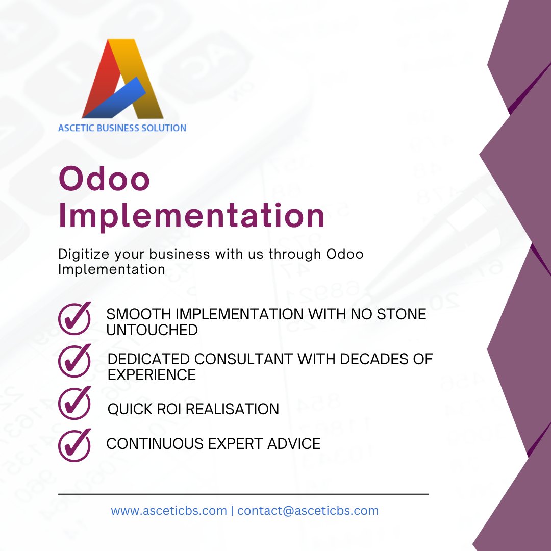 AsceticBs's tweet image. Ascetic Business Solution&apos;s Odoo Implementation Service is your direct path to business transformation. 

Ready to digitize and scale your business? 

Learn more here: asceticbs.com/odoo-implement…

Contact us: contact@asceticbs.com

#OdooImplementation #AsceticBusinessSolution