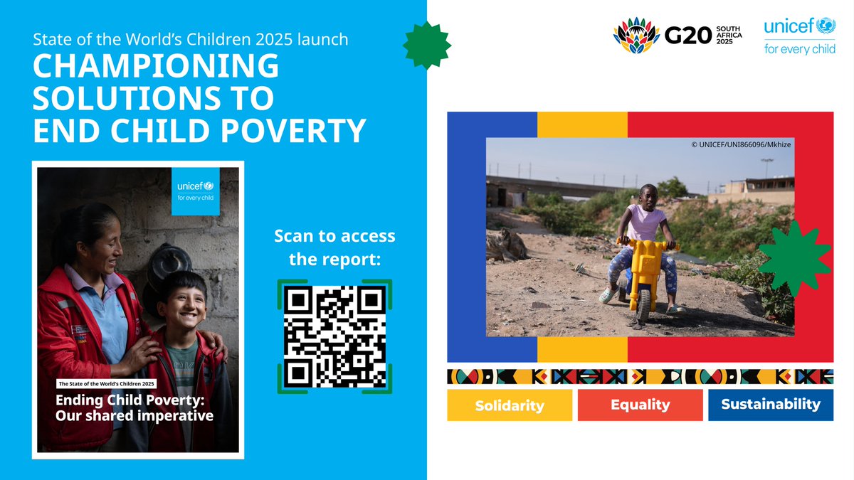 UNICEFSocPolicy's tweet photo. Happening in 30 minutes, at 14:30 (GMT+2)!

Learn key insights from the State of the World’s Children 2025 report, exploring solutions and actions to #EndChildPoverty.

Join the conversation: https://t.co/qwB2uPGebb

#G20SouthAfrica https://t.co/MMGIGdKa43