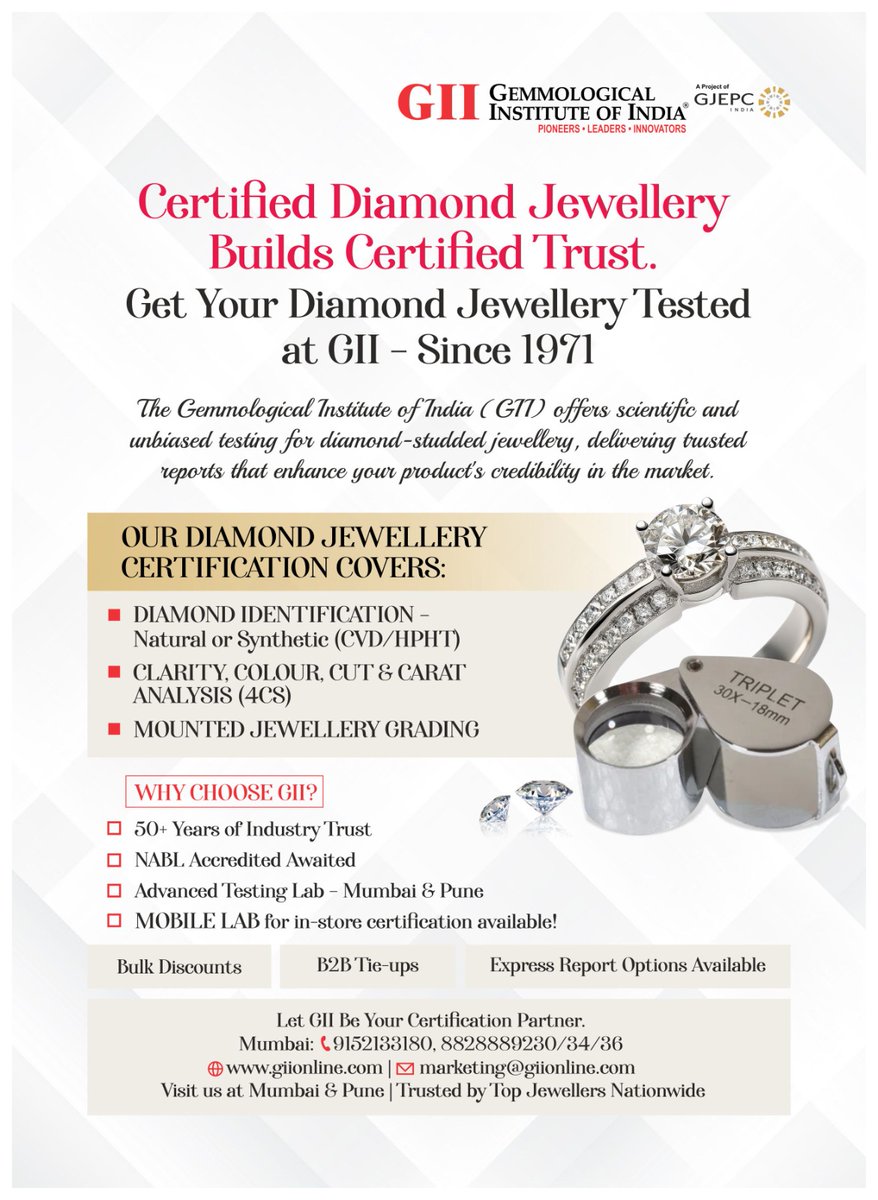 GIIGEMLAB's tweet photo. When it comes to diamond studded jewellery, authenticity isn’t just a feature it’s a promise. At Gemmological Institute of India (GII), we’ve been upholding that promise since 1971, offering reliable, scientific and unbiased testing that elevates the credibility of every piece. https://t.co/p3nuWL6TjW