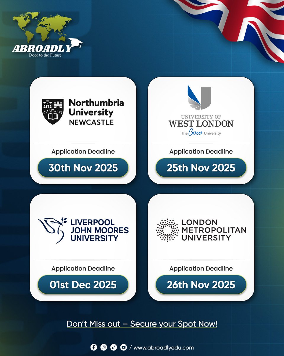 AbroadlyConnect's tweet image. 📌 𝐀𝐩𝐩𝐥𝐢𝐜𝐚𝐭𝐢𝐨𝐧 𝐃𝐞𝐚𝐝𝐥𝐢𝐧𝐞𝐬 𝐀𝐥𝐞𝐫𝐭 – 𝐔𝐊 𝐉𝐚𝐧𝐮𝐚𝐫𝐲 𝟐𝟎𝟐𝟔 𝐈𝐧𝐭𝐚𝐤𝐞! 🇬🇧

#AbroadlyConnect #UKIntake2026 #ApplicationDeadlines #StudyInUK #StudyAbroad #UKUniversities #AdmissionsOpen #InternationalStudents #doortothefuture