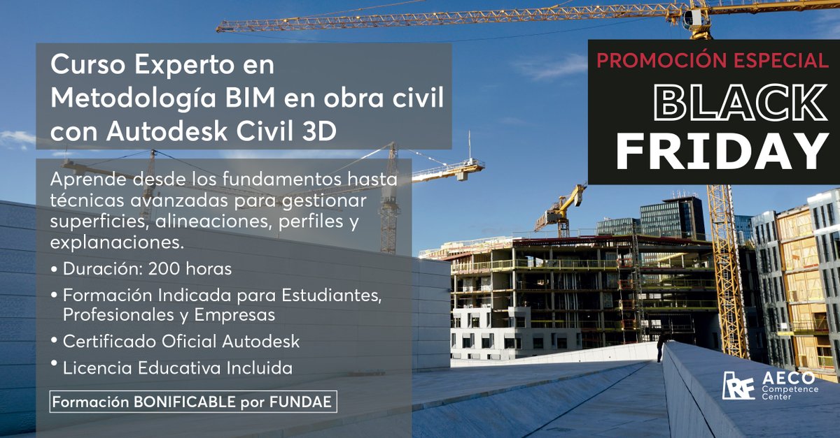 RFAECO's tweet image. ¡#BLACKFRIDAY BIM! Por tiempo muy limitado, puedes acceder al Curso Experto en metodología #BIM en obra con #Autodesk #Civil #3D a un precio absolutamente irrepetible. Las plazas son limitadas. ¡Aprovecha esta Oportunidad Única! rfaeco.com/curso/experto-…