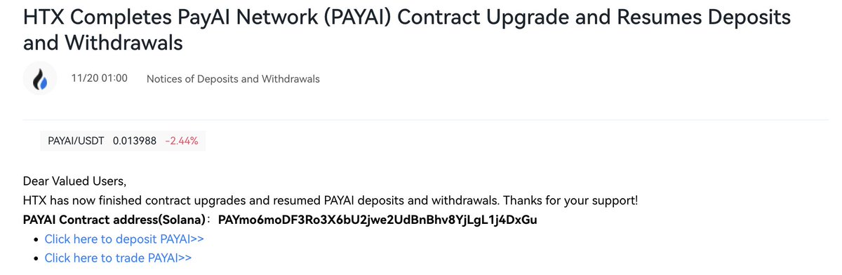 MigrateFun's tweet image. HTX has completed the PAYAI migration and has resumed deposits on exchange htx.com.ec/support/450179…