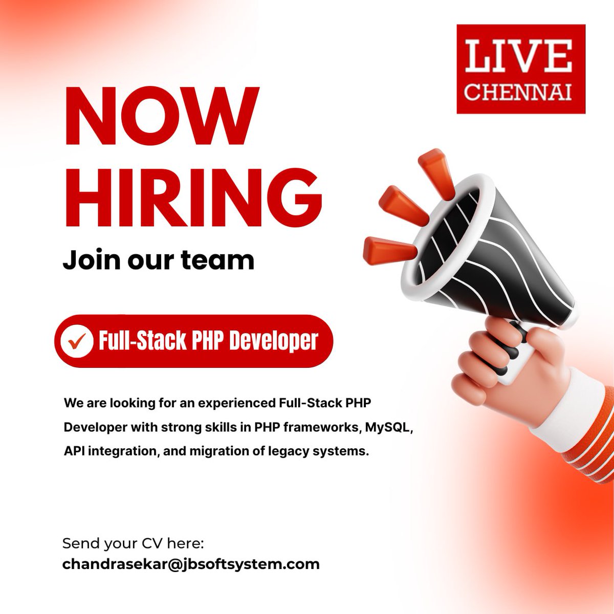 Live_Chennai's tweet image. #nowhiring #fullstackdeveloper #phpdeveloper #chennaijobs #itjobs #joinourteam #techjobs #webdevelopmentjobs #mysql #php #livechennai