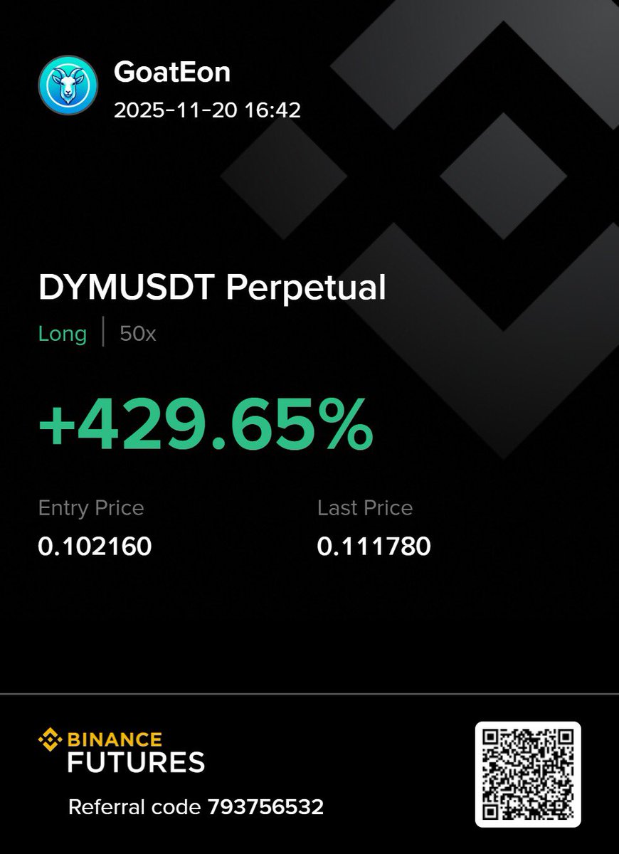 goateonTrading's tweet image. Entered a long on DYM and currently sitting at +429% PnL. Still holding this position as I wait for my TP at 0.12472. Strong momentum in this pumping coin — staying focused and disciplined. 📈🔥 #GoatEon 
#DYM #CryptoTrading #PNL #MarketMomentum #TechnicalAnalysis #TraderMindset