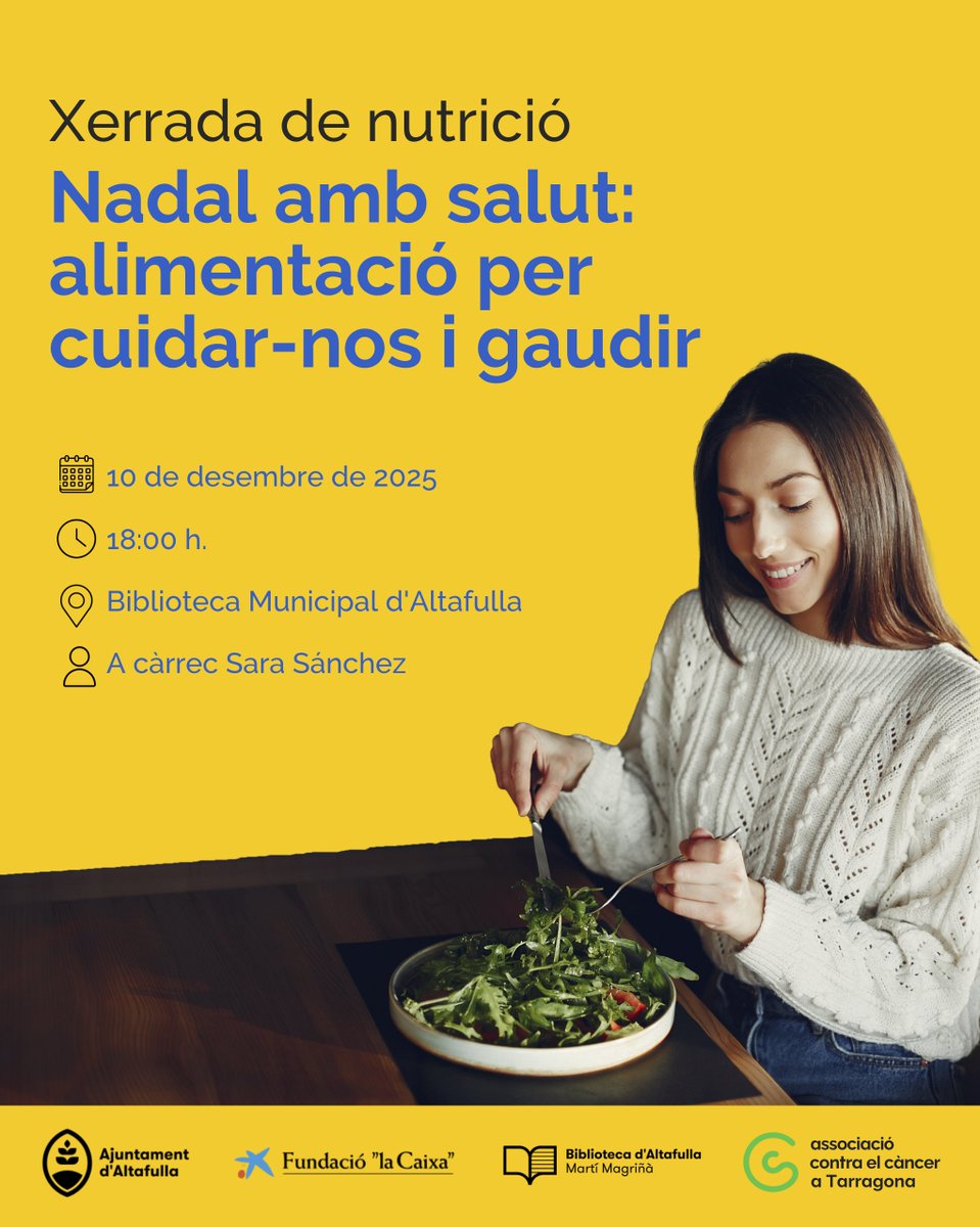 🍏 Taller Nadal amb Salut: Alimentació per cuidar-nos i gaudir. 

No cal inscripció prèvia i l'activitat és gratuïta! 🙌

📍 Biblioteca Municipal d'Altafulla
🗓️ 10 de desembre de 2025
🕓 18 h

T'esperem per gaudir d'un Nadal més saludable! 💚

#tothomcontraelcàncer