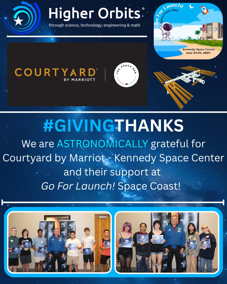 HigherOrbits's tweet image. A massive THANK YOU to Courtyard by Marriot for sponsoring Go For Launch! Space Coast! Your support means the world to our future STEM students. Together, we’re inspiring futures!

#SpaceInspires #STEM #GoForLaunch  #GivingThanks @CourtyardHotels @MarriottBonvoy