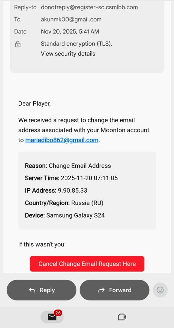 ruangmoba's tweet image. Jangan diklik kalo nerima fake mail yang mengatasnamakan Moonton. Si scammer ini tau ID Server kita. Trs dicari tau email moonton yg terkait sama akunnya. Ada toolsnya, ada jasa yg jualin cek bind via id server. Tapi disalahgunain sama scammer buat nebar ginian.
