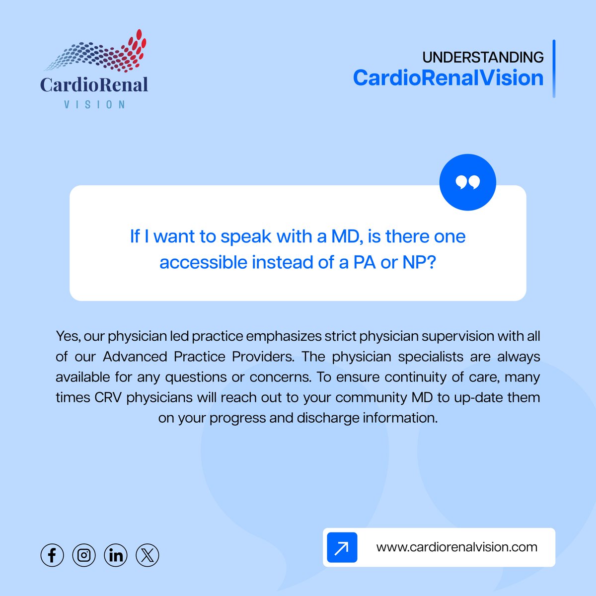 CardiacVision's tweet image. #CardioRenalVision #physicians are always accessible when you need them MD-led model ensures every patient receives expert oversight, clear #communication and seamless coordination with your community physician for the highest quality of care. #patientcare #CardioRenalVision